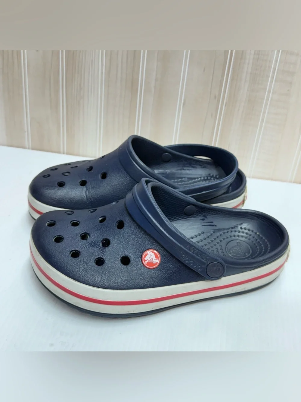 CROCS Kids Navy Clogs with Red Stripe
